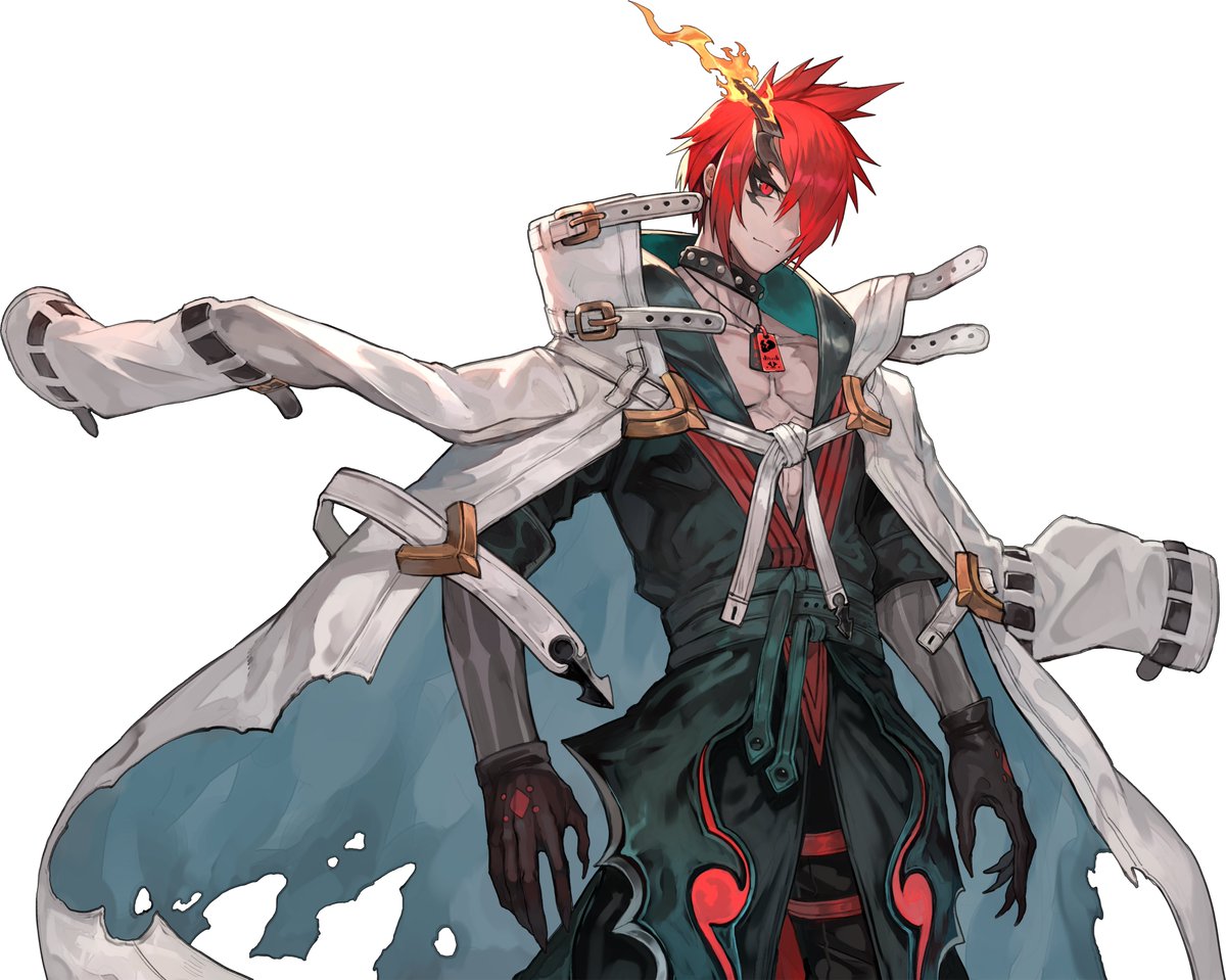 1boy abs belt black_gloves black_pants collar dog_tags gloves horns jacket killizark lack maglam_lord open_clothes open_jacket pants red_eyes redhead single_horn solo torn_clothes white_jacket