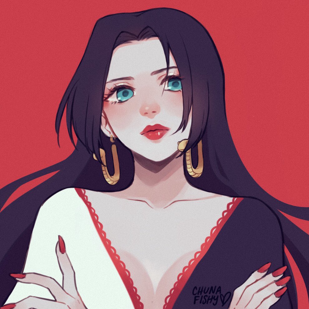 1girl artist_name black_hair blue_eyes boa_hancock chunafishy crossed_arms earrings english_commentary hime_cut jewelry long_hair looking_to_the_side one_piece red_background red_lips red_nails simple_background snake_earrings solo upper_body