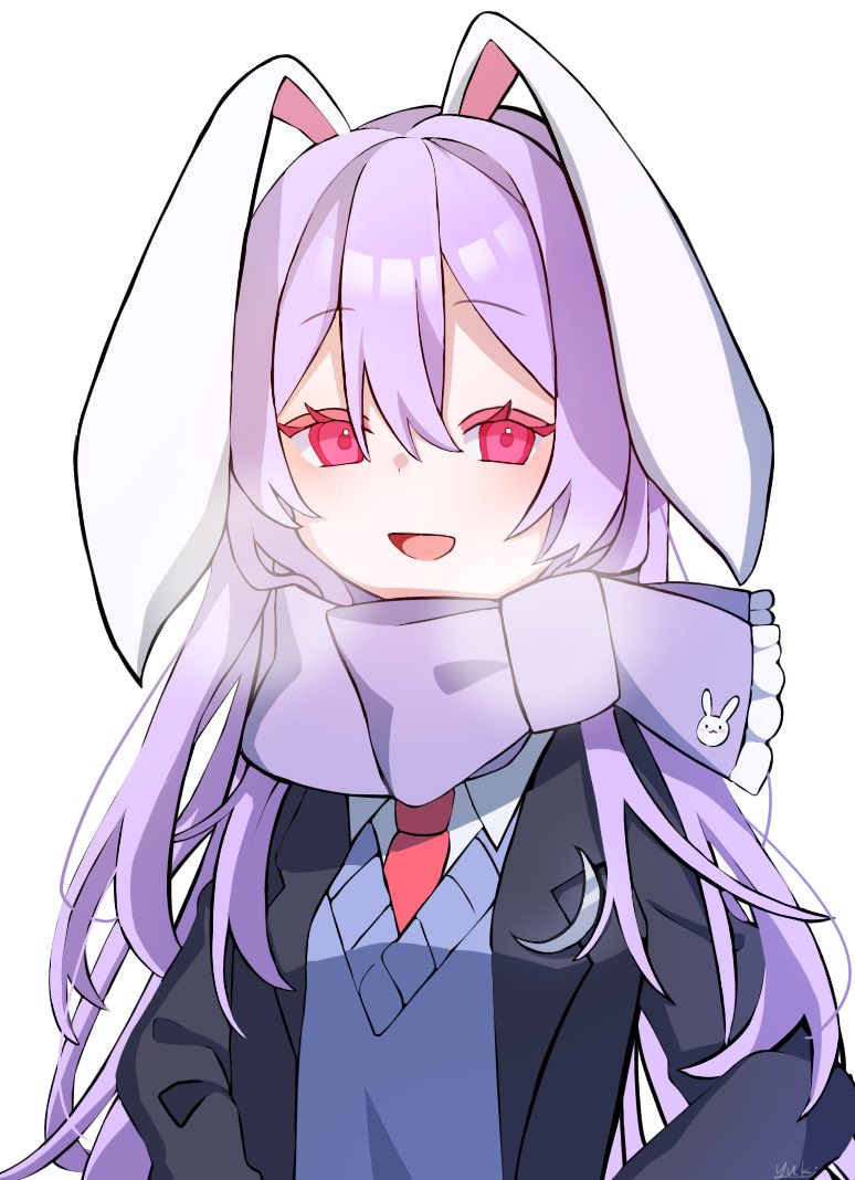 1girl adapted_costume animal_ears black_jacket blue_sweater breath collared_shirt commentary_request crescent crescent_pin hair_between_eyes jacket long_hair necktie open_mouth purple_hair purple_scarf rabbit_ears red_eyes red_necktie reisen_udongein_inaba scarf shirt signature simple_background smile solo sweater touhou white_background white_shirt yuki6220821