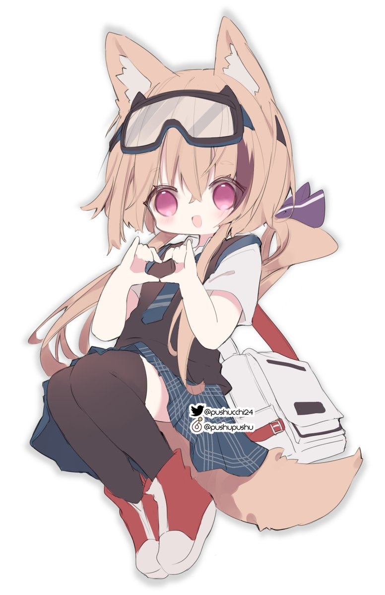 1girl :d animal_ear_fluff animal_ears arknights black_thighhighs blue_necktie blue_skirt brown_hair cardigan_(arknights) collared_shirt commentary_request diagonal-striped_clothes diagonal-striped_necktie full_body goggles goggles_on_head hair_between_eyes hands_up heart heart_hands long_hair looking_at_viewer low_twintails necktie pleated_skirt pushu red_footwear school_uniform shirt shoes short_sleeves simple_background skirt smile solo striped_clothes sweater_vest tail thigh-highs twintails twitter_username very_long_hair violet_eyes white_background white_shirt