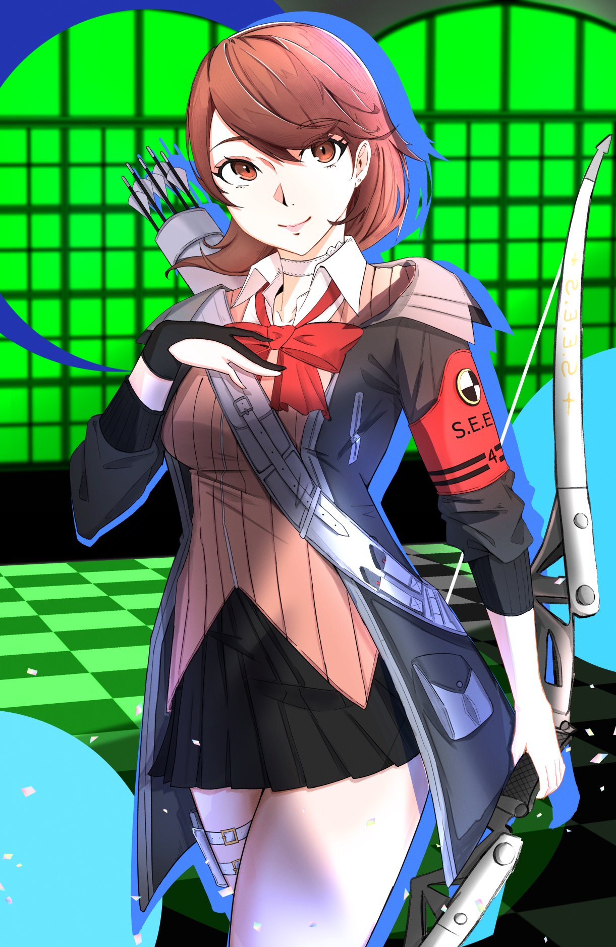1girl arrow_(projectile) black_gloves black_jacket black_skirt bow bow_(weapon) bowtie breasts brown_eyes brown_hair cardigan choker closed_mouth collarbone collared_shirt commentary cowboy_shot earrings gekkoukan_high_school_uniform gloves gun hand_on_own_chest hand_up highres holding holding_bow_(weapon) holding_weapon jacket jewelry medium_breasts miniskirt nyuusai open_clothes open_jacket persona persona_3 persona_3_reload pink_cardigan pleated_skirt red_bow red_bowtie school_uniform shirt short_hair single_glove skirt smile solo stud_earrings takeba_yukari thigh_strap weapon white_choker white_shirt