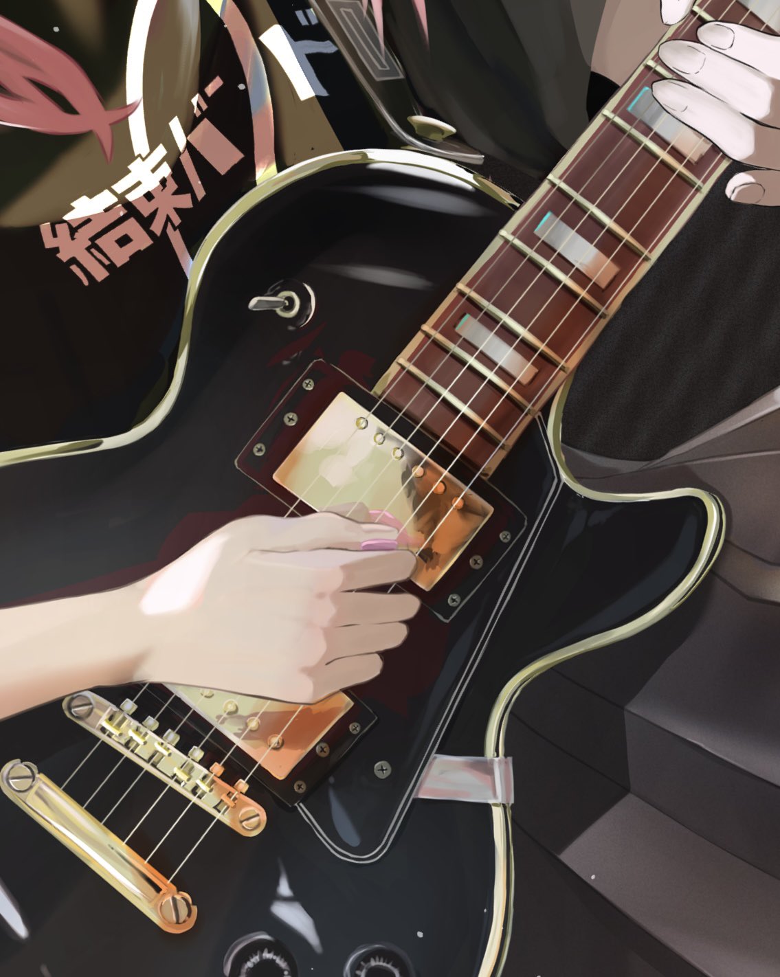 1girl black_shirt bocchi_the_rock! electric_guitar gibson_les_paul gotoh_hitori guitar head_out_of_frame highres holding holding_guitar holding_instrument holding_plectrum hxk4_n instrument kessoku_band_logo kessoku_band_t-shirt long_hair music pink_hair playing_instrument pleated_skirt plectrum reflection shirt short_sleeves skirt solo