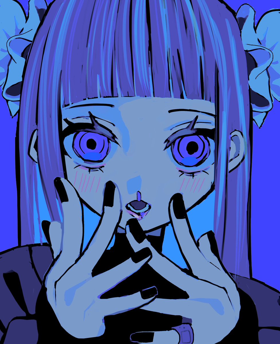 1girl bad_id bad_twitter_id bandaid bandaid_on_hand black_nails blood blue_background blunt_bangs bun_cover double_bun hair_bun hands_up highres image_sample long_hair looking_at_viewer nail_polish nosebleed open_mouth original portrait purple_blood purple_hair ringed_eyes solo straight-on straight_hair twitter_sample urokogaran violet_eyes