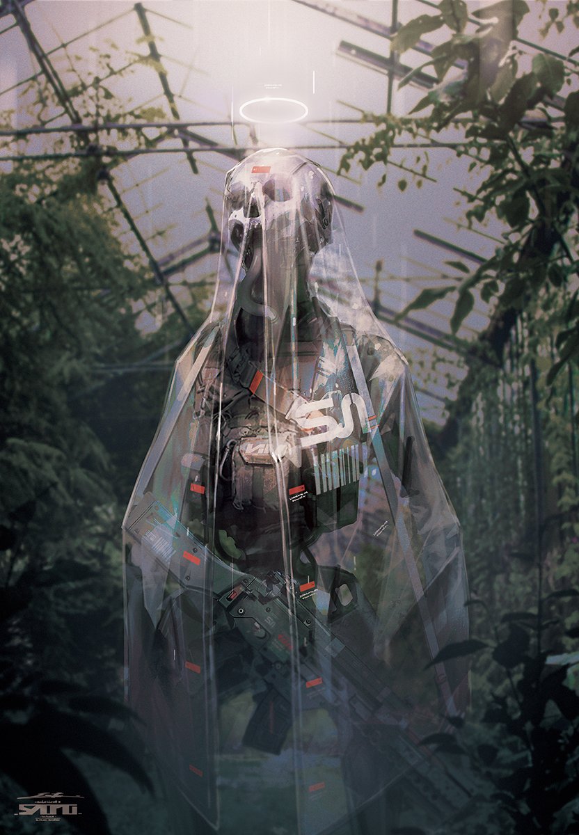 1other androgynous black_vest commentary esuthio greenhouse gun halo highres holding holding_gun holding_weapon hood hood_up hooded_coat indoors open_clothes open_vest original rain robot see-through_hood skull symbol-only_commentary transparent_raincoat tree vest watermark weapon wet white_halo
