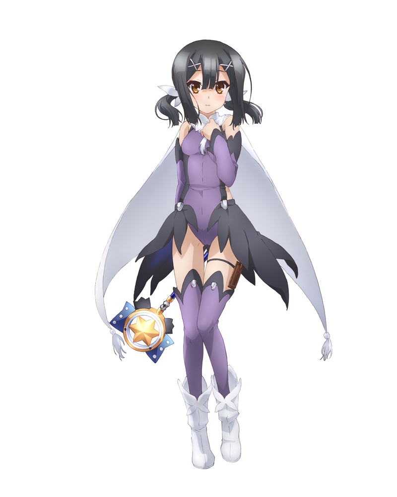 1girl bare_shoulders black_hair boots breasts cape closed_mouth commentary_request detached_sleeves fate/grand_order fate/kaleid_liner_prisma_illya fate_(series) full_body hair_ornament hairclip holding holding_staff kaleidostick leotard long_hair looking_at_viewer low_twintails magical_girl magical_sapphire miyu_edelfelt official_art purple_leotard purple_sleeves purple_thighhighs sidelocks simple_background skirt small_breasts solo staff standing star_(symbol) thigh-highs thighhighs_under_boots thighs twintails white_background white_cape white_footwear x_hair_ornament yellow_eyes