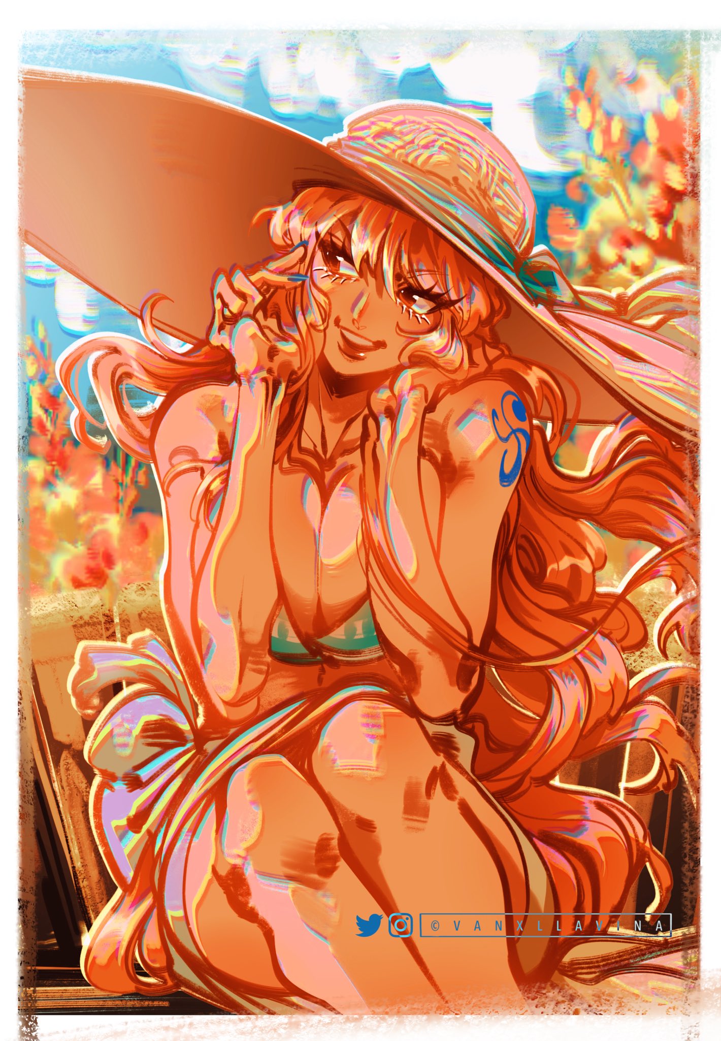1girl arm_tattoo bikini blue_nails english_commentary flower hair_between_eyes highres instagram_username large_hat looking_to_the_side nami_(one_piece) one_piece orange_hair sitting sky smile solo swimsuit tattoo twitter_username vanxllavina