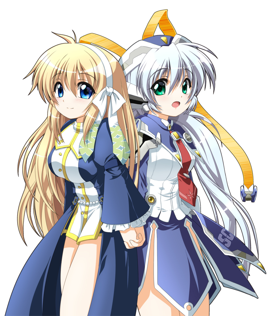 2girls ahoge back-to-back blonde_hair blue_dress blue_eyes blue_hair blue_headwear bow breasts closed_mouth commentary_request company_connection crossover dress eyes_visible_through_hair f20_(funimaru) feet_out_of_frame frilled_sleeves frills green_eyes hair_between_eyes hair_bow hair_ribbon hairband harmonia_(key) holding_hands hoshino_yumemi impossible_clothes interlocked_fingers juliet_sleeves key_(company) large_breasts light_blue_hair long_hair long_ribbon long_sleeves looking_at_viewer medium_breasts multiple_girls necktie nun open_mouth planetarian puffy_sleeves red_necktie ribbon robot_ears shiona_(harmonia) shirt simple_background slit_pupils smile standing tareme trait_connection very_long_hair white_background white_bow white_hairband white_shirt wide_sleeves yellow_ribbon