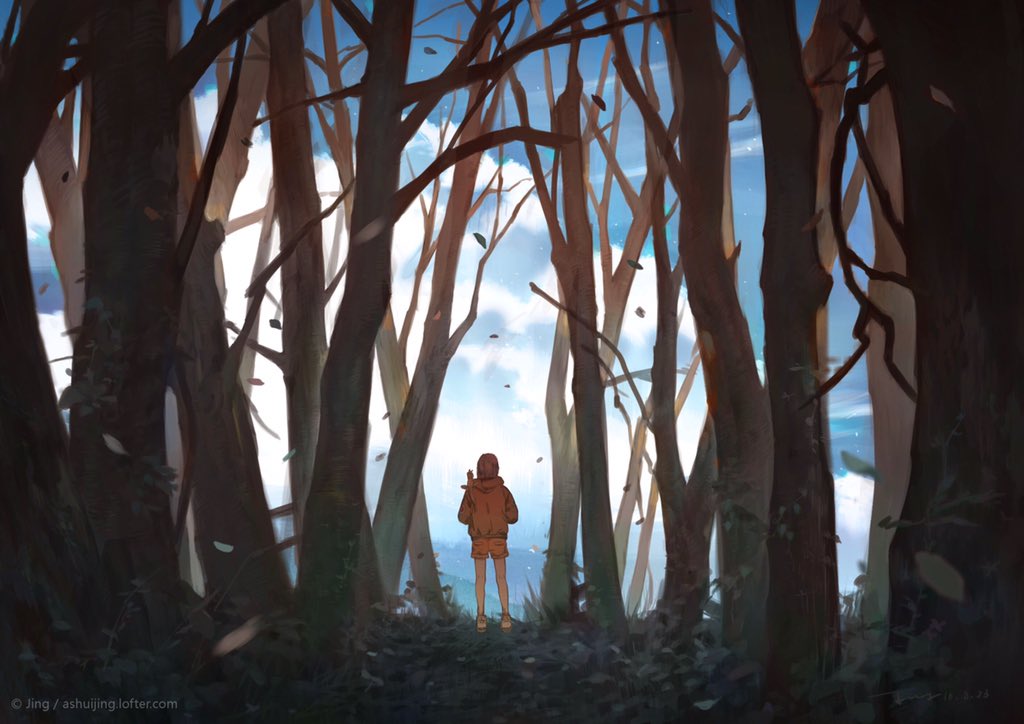 1girl animal_on_shoulder ashuijing bare_legs bare_tree blue_sky brown_hair clouds commentary day falling_leaves ferret forest from_behind full_body hands_in_pockets hood hood_down hoodie leaf medium_hair nature orange_shorts original red_hood red_hoodie shoes short_shorts shorts sky sneakers solo symbol-only_commentary tree wide_shot yellow_footwear