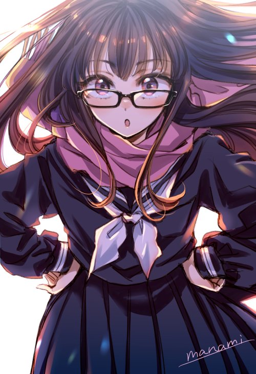 1girl artist_name backlighting black-framed_eyewear blue_shirt blue_skirt brown_hair commentary_request glasses hands_on_own_hips long_hair long_sleeves looking_at_viewer neckerchief open_mouth original pink_scarf pleated_skirt scarf school_uniform serafuku shirt signature simple_background skirt solo sugano_manami violet_eyes white_background white_neckerchief