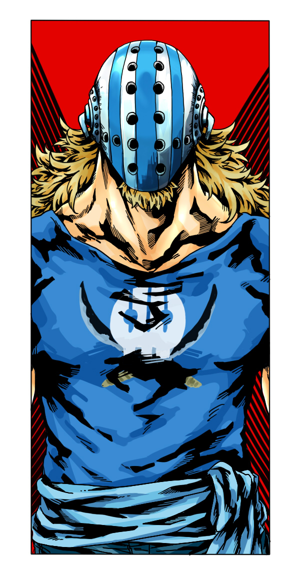 1boy blonde_hair blue_shirt collarbone commentary_request facial_hair facial_hair_through_mask goatee hockey_mask killer_(one_piece) long_hair male_focus mask one_piece ooi_thisway shirt short_sleeves solo