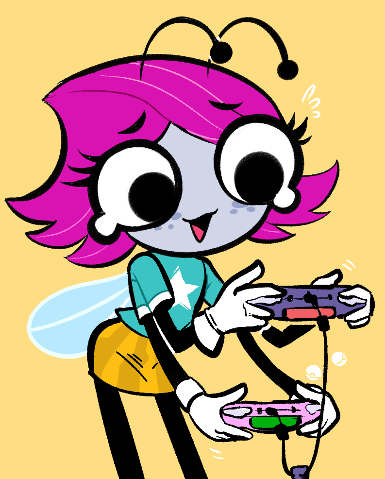 aqua_shirt artist_request blue_skin bug colored_skin fly game_console maggie_pesky no_humans non-web_source playing purple_hair shirt tagme the_buzz_on_maggie video_game yellow_background