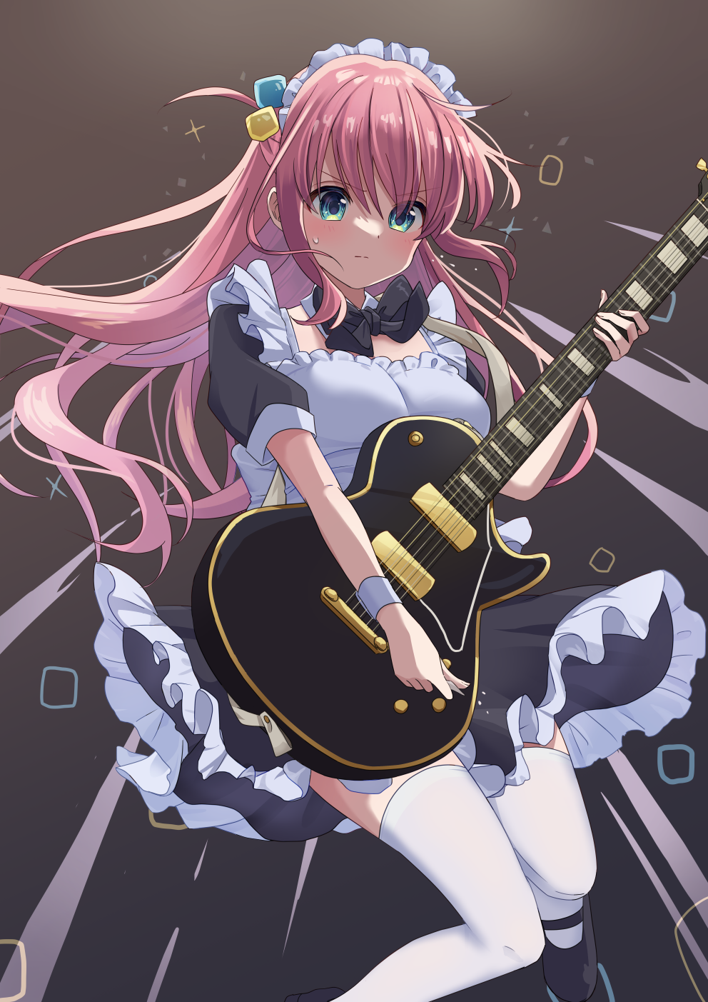 1girl apron aqua_eyes black_footwear black_skirt blush bocchi_the_rock! breasts brown_background closed_mouth commentary cube_hair_ornament floating_clothes floating_hair frilled_apron frilled_skirt frills gotoh_hitori gradient_background grey_background guitar hair_between_eyes hair_ornament hand_up highres holding holding_instrument holding_plectrum instrument kisara_keyy large_breasts long_hair looking_down maid_apron maid_headdress mary_janes music one_side_up pink_hair playing_instrument plectrum puffy_short_sleeves puffy_sleeves serious shoes short_sleeves simple_background skirt solo sparkle split_mouth sweatdrop thigh-highs v-shaped_eyebrows white_apron white_thighhighs white_wrist_cuffs wrist_cuffs