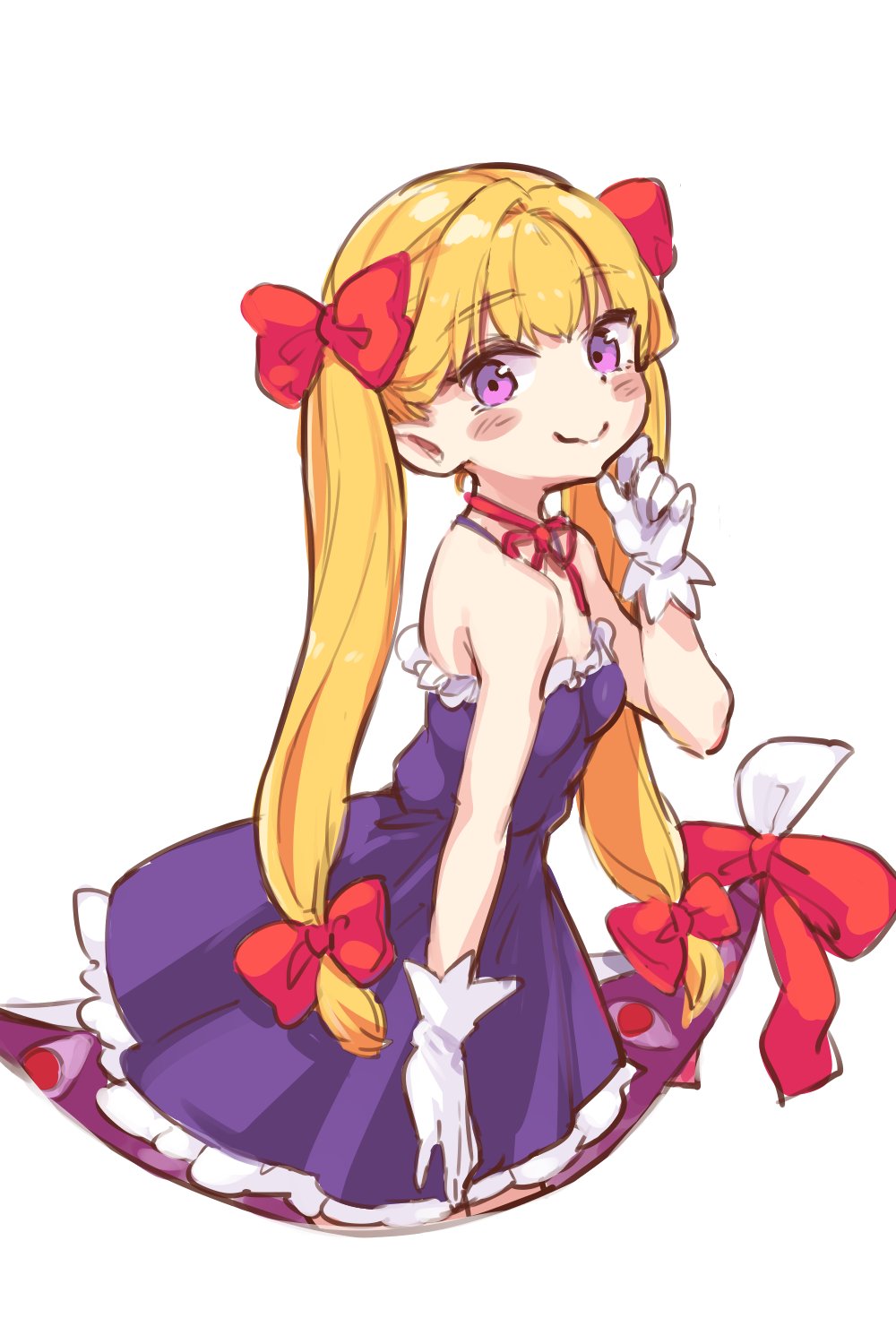 bare_arms bare_shoulders blonde_hair bow bowtie breasts dress frills gap_(touhou) gloves hand_on_own_cheek hand_on_own_face highres itatatata leaning_forward looking_at_viewer purple_dress red_bow red_bowtie simple_background small_breasts smile thigh_gap touhou twintails twintails_day violet_eyes white_gloves yakumo_yukari yakumo_yukari_(young)