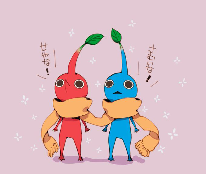 2donemuru black_eyes blue_pikmin blue_skin colored_skin commentary_request fringe_trim leaf looking_at_viewer no_humans no_mouth pikmin_(creature) pikmin_(series) pointy_nose purple_background red_pikmin red_skin scarf shadow shared_clothes shared_scarf simple_background snowflakes triangle_mouth yellow_scarf