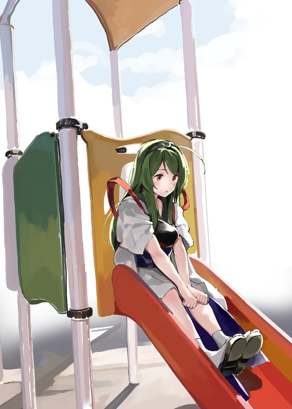 1girl :o black_footwear blue_sky brown_eyes clouds cloudy_sky commentary_request day green_hair green_hairband hairband highres japanese_clothes kimono lamb_(hitsujiniku) long_hair muneate outdoors parted_lips sandals shoe_soles sitting sky slide socks solo touhoku_zunko very_long_hair voiceroid white_kimono white_socks zouri