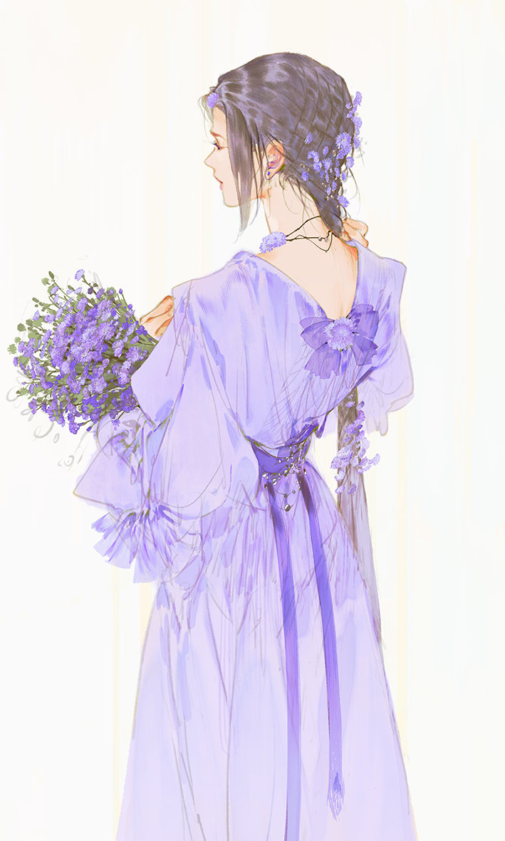 1girl black_hair bouquet closed_mouth dress earrings flower flower_necklace hands_up holding holding_bouquet ibuki_satsuki jewelry lilac long_hair nape original ponytail profile purple_dress purple_flower purple_ribbon ribbon single_sidelock solo standing