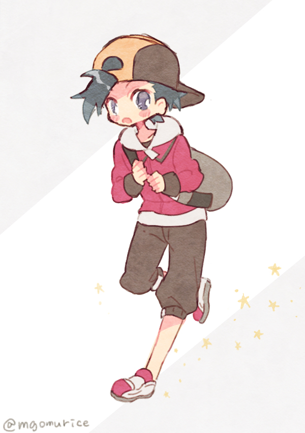 1boy :o backwards_hat baseball_cap black_bag black_eyes black_hair black_pants blush_stickers commentary ethan_(pokemon) full_body grey_background hands_up hat hood hoodie looking_to_the_side male_focus mgomurainu open_mouth pants pokemon pokemon_hgss red_hoodie running shoes simple_background sneakers solo star_(symbol) twitter_username