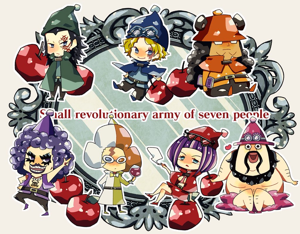 1girl 6+boys afro apple arm_up bartholomew_kuma belo_betty belt black_hair blonde_hair blue_cape blunt_bangs book cape chibi coat commentary_request emporio_ivankov facial_hair food fruit glasses goggles goggles_on_headwear green_cape holding holding_book inazuma_(one_piece) jewelry long_coat looking_at_viewer monkey_d._dragon morley multicolored_coat multicolored_hair multiple_boys mustache neck_ribbon necklace noise_pp one_piece orange_hair purple_hair purple_vest red_cape ribbon sabo_(one_piece) scar scar_on_face short_hair sitting smile two-tone_hair vest white_coat white_hair yellow_coat