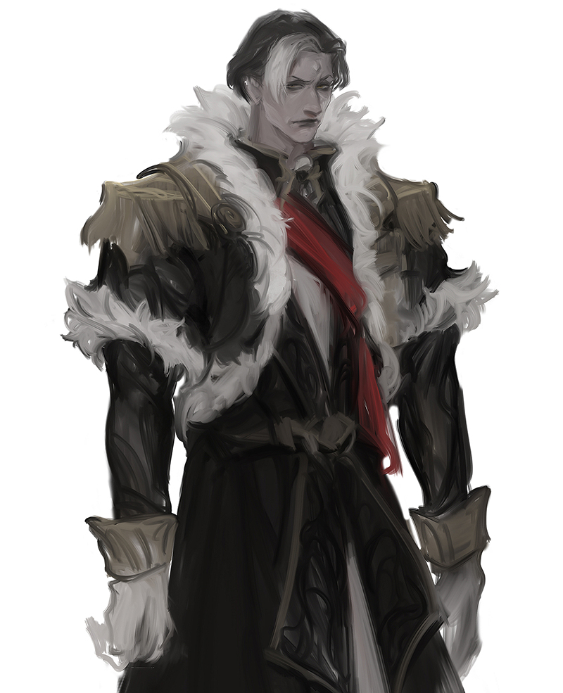 1boy arms_at_sides belt black_coat brown_hair coat commentary cowboy_shot emet-selch english_commentary epaulettes final_fantasy final_fantasy_xiv frown fur-trimmed_coat fur_trim garlean gloves long_sleeves looking_at_viewer male_focus mature_male multicolored_hair painterly red_sash sash shawnstaw short_hair simple_background solo standing third_eye two-tone_hair white_background white_gloves white_hair yellow_eyes