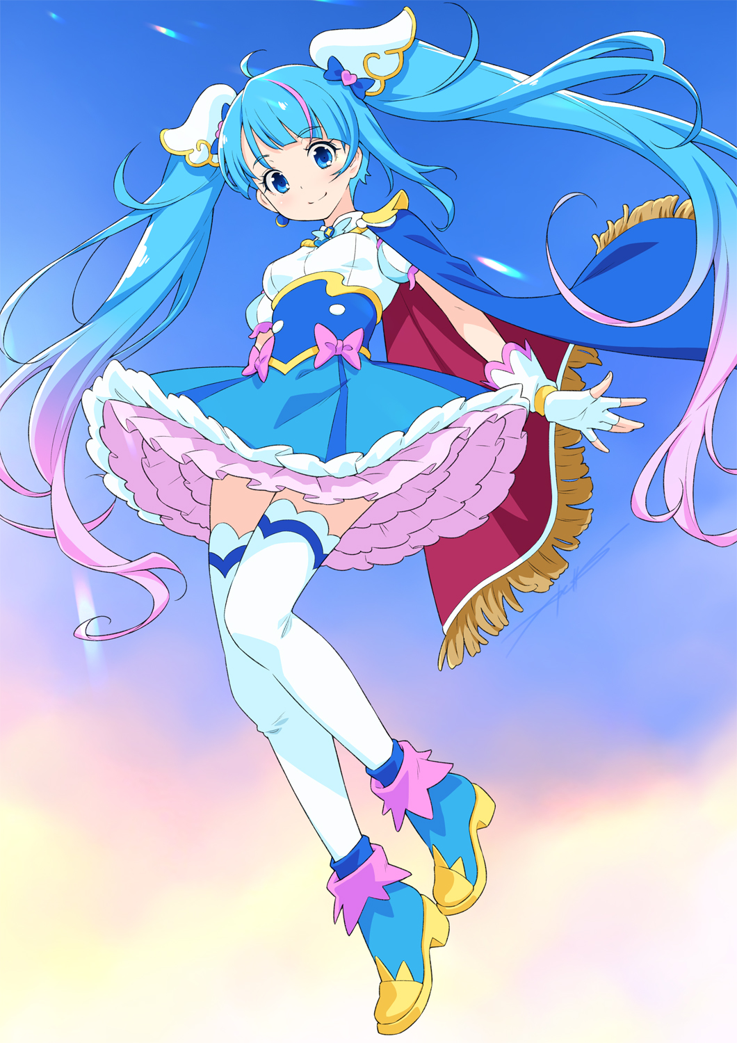 1girl ankle_boots blue_cape blue_dress blue_eyes blue_footwear blue_hair blue_sky boots brooch cape closed_mouth commentary cure_sky day detached_sleeves dress earrings fingerless_gloves floating frilled_dress frills fringe_trim gloves gradient_hair highres hirogaru_sky!_precure jewelry kazuma_muramasa long_hair looking_at_viewer magical_girl multicolored_hair outdoors petticoat pink_hair precure puffy_detached_sleeves puffy_sleeves red_cape short_dress single_earring sky sleeveless sleeveless_dress smile solo sora_harewataru thigh-highs twintails two-tone_dress very_long_hair white_dress white_gloves white_thighhighs wind wing_brooch wing_hair_ornament