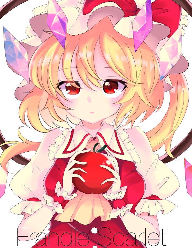 1girl apple blonde_hair bow breasts character_name closed_mouth collared_shirt crystal flandre_scarlet food frilled_bow frilled_shirt_collar frilled_sleeves frills fruit hair_between_eyes hat hat_bow holding holding_food holding_fruit hyaku_paasento looking_at_viewer medium_hair mob_cap multicolored_wings one_side_up puffy_sleeves red_apple red_bow red_eyes red_vest shirt simple_background sleeve_ribbon small_breasts solo touhou upper_body vest white_background white_headwear white_shirt wings wrist_cuffs