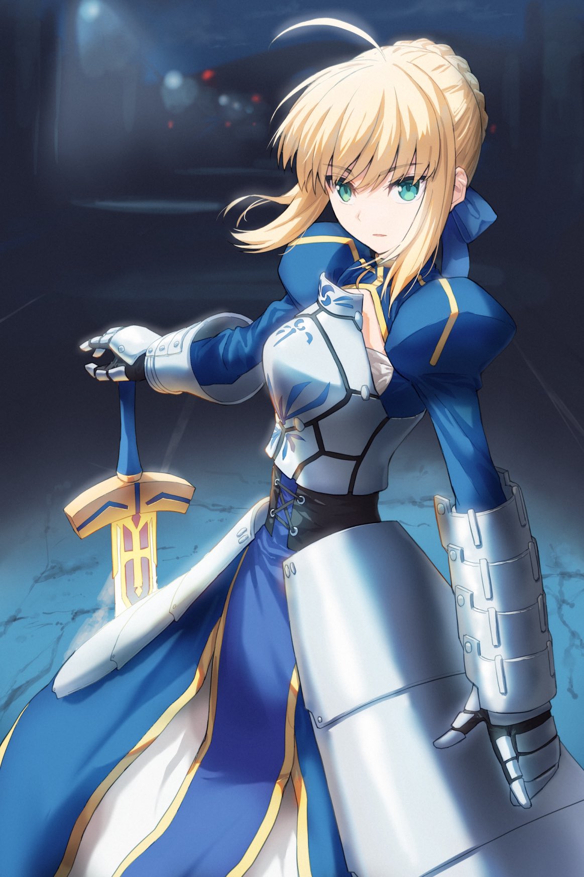 1girl ahoge armor armored_dress artoria_pendragon_(fate) blonde_hair blue_dress blue_ribbon braid breastplate dress excalibur_(fate/stay_night) fate/stay_night fate_(series) french_braid gauntlets green_eyes hair_ribbon highres holding holding_sword holding_weapon juliet_sleeves kamo_ashi long_sleeves looking_at_viewer night outdoors plackart puffy_sleeves ribbon saber_(fate) solo sword weapon