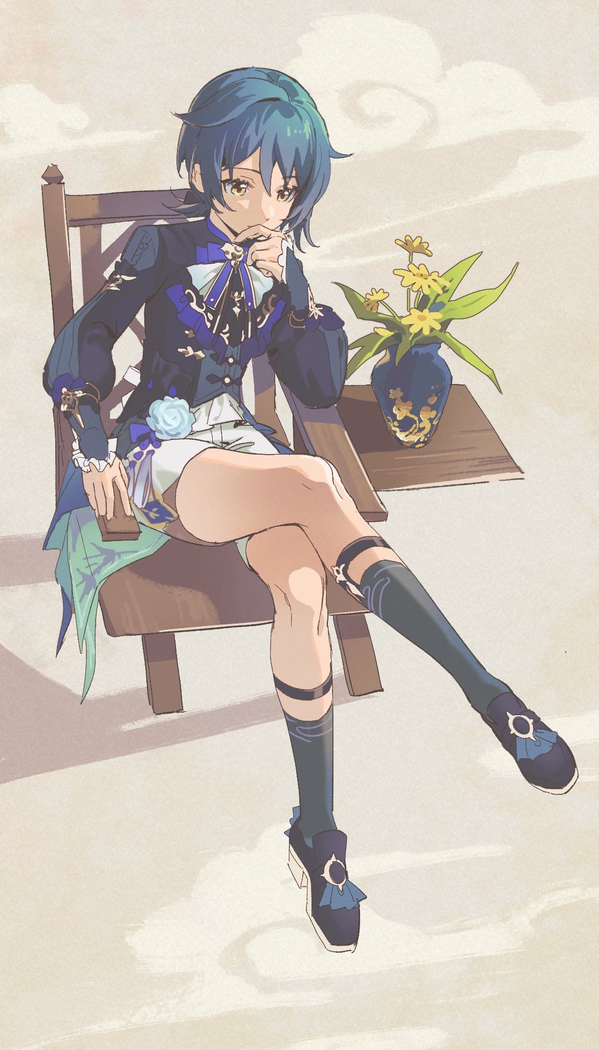 1boy black_socks blue_flower blue_hair blue_rose bow bowtie brown_background buttons chair closed_mouth clouds crossed_legs flower fridaynightcat frills gem genshin_impact gold_trim hair_between_eyes hand_up highres jacket leaf long_sleeves looking_to_the_side male_focus official_alternate_costume plant puffy_long_sleeves puffy_sleeves purple_bow purple_bowtie purple_footwear purple_gemstone purple_jacket rose shadow shoes short_hair shorts sitting socks solo tassel vase white_shorts xingqiu_(bamboo_rain)_(genshin_impact) xingqiu_(genshin_impact) yellow_eyes yellow_flower
