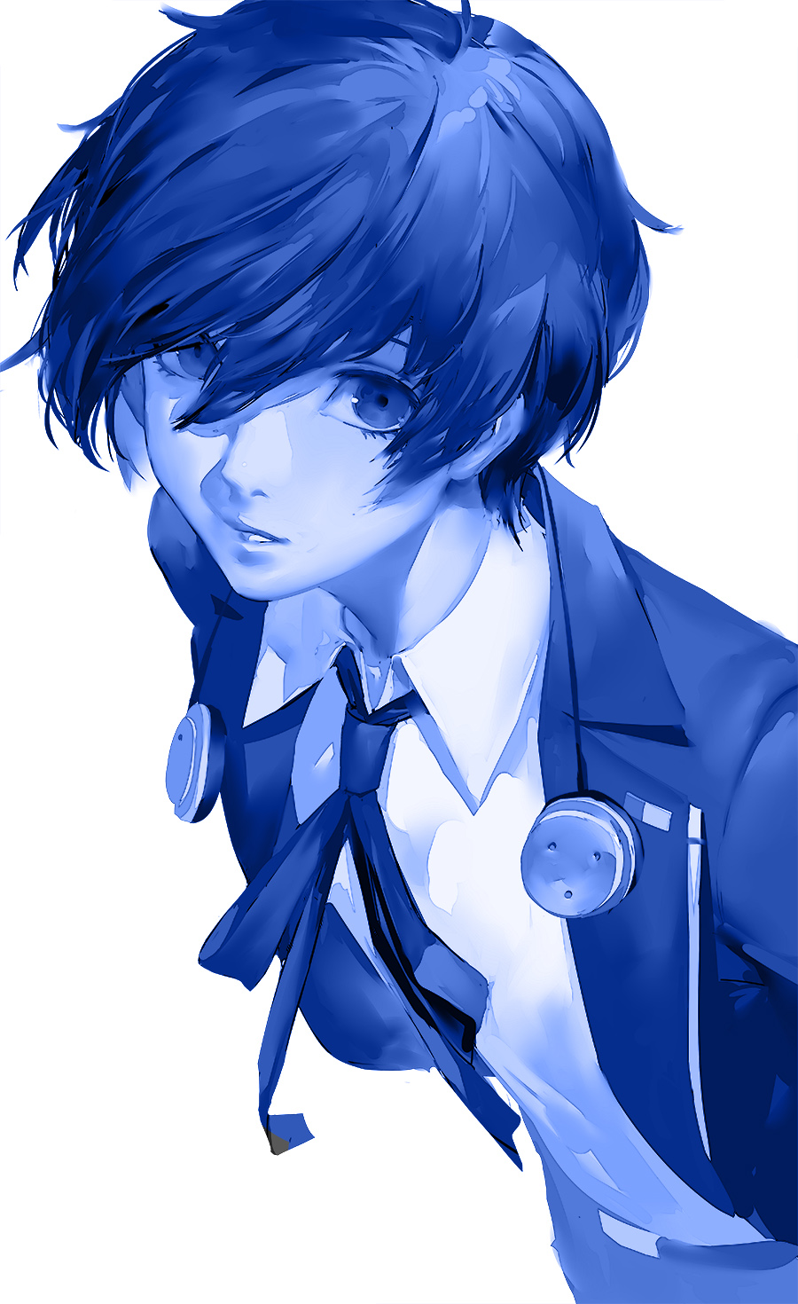 1boy blazpu blue_theme collared_shirt gekkoukan_high_school_uniform hair_between_eyes highres jacket looking_at_viewer male_focus neck_ribbon open_clothes open_jacket parted_lips persona persona_3 ribbon school_uniform shirt simple_background solo upper_body yuuki_makoto_(persona_3)