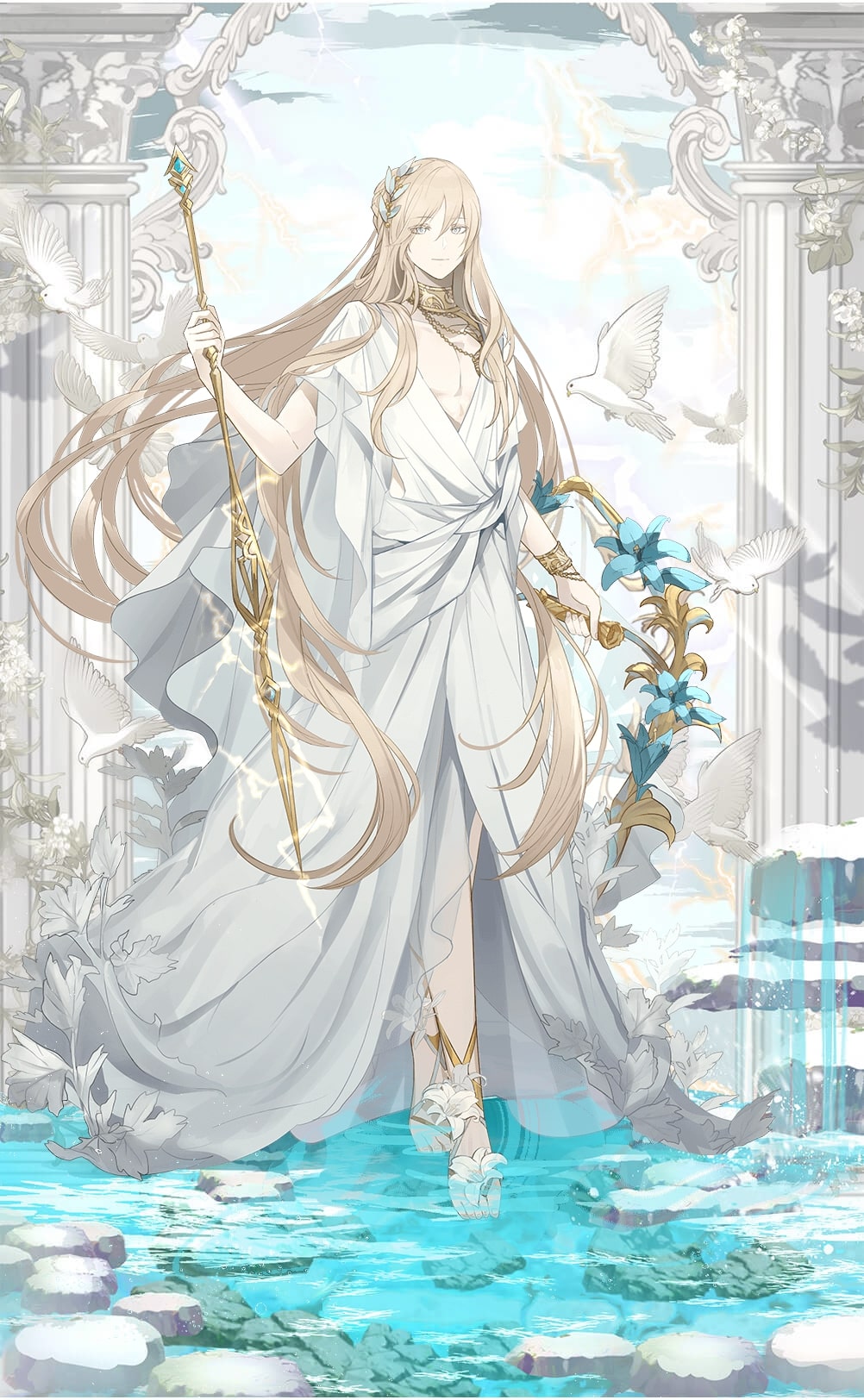 1boy barefoot barefoot_sandals_(jewelry) bird bishounen blonde_hair bracer clouds day dove flower food_fantasy full_body gold_collar hair_between_eyes hair_ornament highres holding holding_polearm holding_shield holding_weapon jewelry leaf leaf_hair_ornament light_rays lightning lily_(flower) long_hair looking_at_viewer male_focus moussaka_(food_fantasy) necklace official_art pectoral_cleavage pectorals pillar plant polearm robe rock shield short_sleeves smile solo spear sunlight third-party_source very_long_hair vines wading water weapon white_eyes white_flower white_lily white_robe wide_sleeves