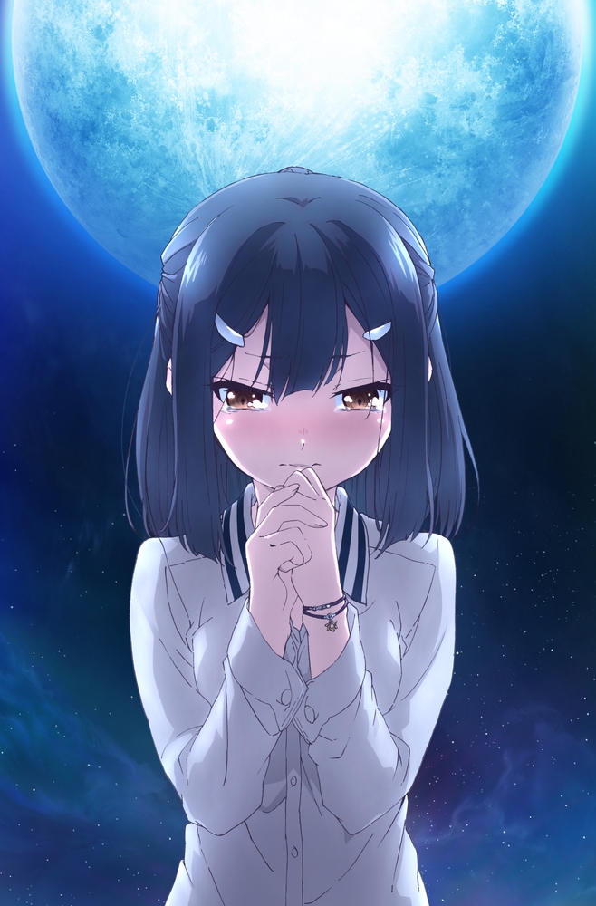 1girl black_hair blush brown_eyes closed_mouth collared_shirt fate/kaleid_liner_prisma_illya fate_(series) full_moon hair_between_eyes hair_ornament hairclip hands_up interlocked_fingers long_sleeves looking_at_viewer miyu_edelfelt moon night night_sky official_art outdoors own_hands_together shirt sky solo upper_body white_shirt