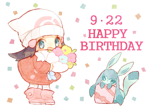 1girl beanie blue_eyes blue_flower blue_ribbon blush_stickers boots bouquet bright_pupils chibi coat commentary confetti dated flower full_body gift glaceon happy_birthday hat hikari_(pokemon) holding holding_bouquet kneehighs looking_at_viewer looking_down mgomurainu open_mouth pink_flower pink_footwear pokemon pokemon_(creature) pokemon_dppt pokemon_platinum red_coat ribbon scarf smile socks standing white_background white_headwear white_scarf white_socks yellow_flower