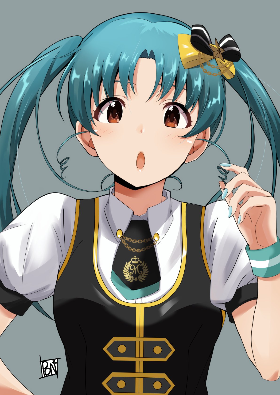 1girl alternate_hair_length alternate_hairstyle black_bow black_vest bow breasts brown_eyes chain collared_shirt gold_chain green_hair grey_background hair_bow hand_up highres idolmaster idolmaster_million_live! long_hair looking_at_viewer medium_breasts nail_polish open_mouth ponpon puffy_short_sleeves puffy_sleeves shirt short_sleeves solo tokugawa_matsuri twintails upper_body vest white_shirt yellow_bow