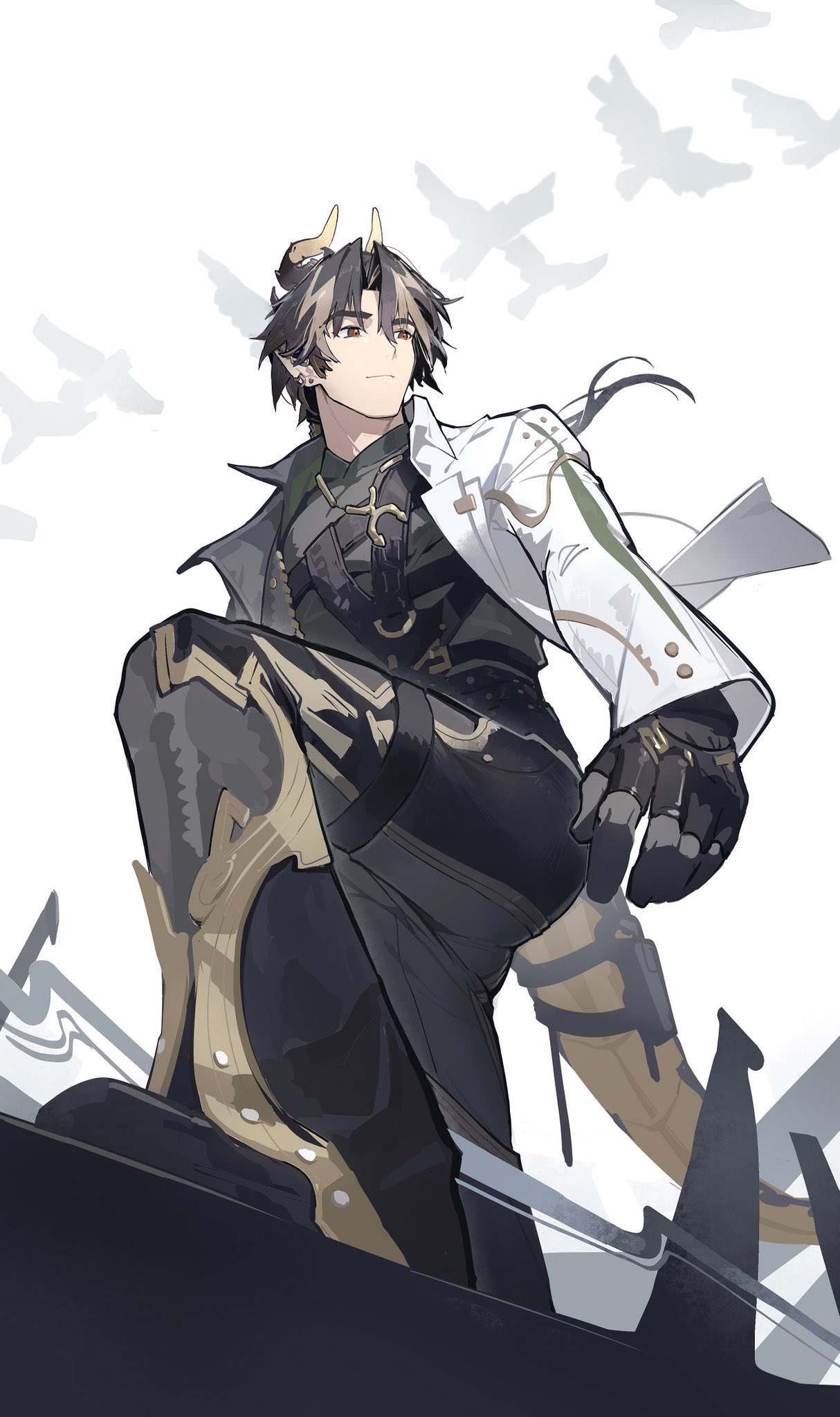 1boy arknights bird chong_yue_(alighting)_(arknights) chong_yue_(arknights) dragon_boy dragon_horns dragon_tail ear_piercing fingerless_gloves from_below gloves hashtag_only_commentary highres horns looking_to_the_side magicxbai male_focus piercing pointy_ears red_eyes smile tail tail_pouch white_background