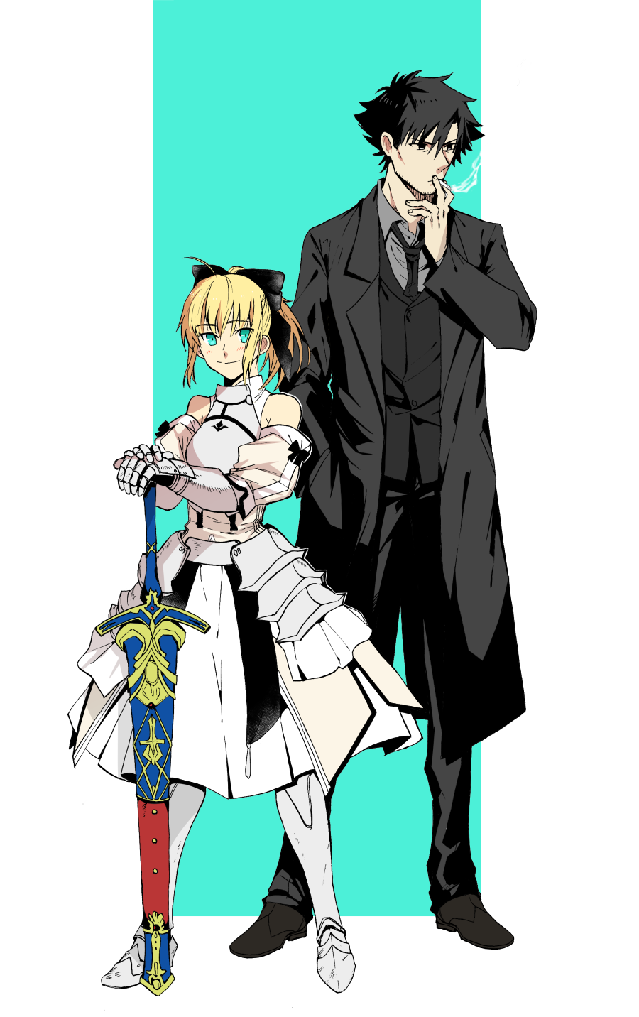 1boy 1girl aqua_eyes armor artoria_pendragon_(fate) black_bow black_hair black_necktie black_pants black_suit blonde_hair bow brown_footwear closed_mouth coat detached_sleeves dress emiya_kiritsugu excalibur_(fate/stay_night) fate/unlimited_codes fate/zero fate_(series) faulds full_body gauntlets grey_coat grey_shirt hand_in_pocket highres light_blush looking_at_viewer looking_to_the_side medium_hair necktie noz_2to pants ponytail sabaton saber_lily shirt simple_background smile smoking suit white_dress
