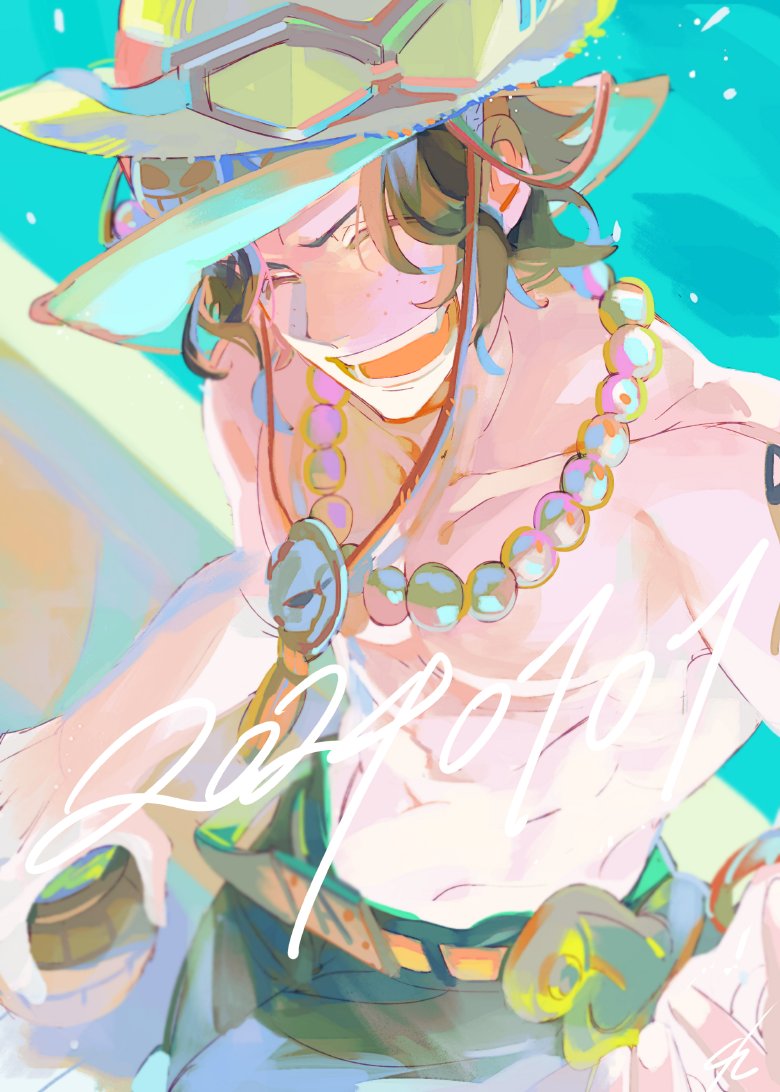 1boy beer_mug belt black_shorts closed_eyes commentary cup freckles hat holding holding_cup jewelry male_focus mug necklace ocean one_piece portgas_d._ace senzzang short_hair shorts smile solo
