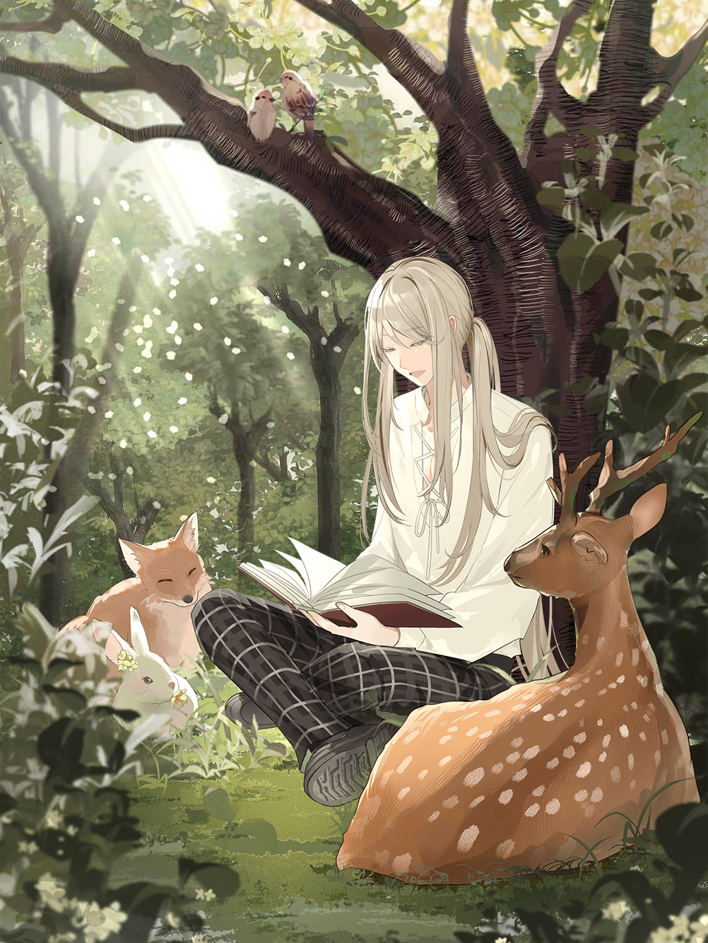 1boy :d alternate_costume bird black_footwear black_pants blonde_hair book bush closed_eyes cross-laced_clothes day deer flower food_fantasy forest fox full_body hair_between_eyes highres holding holding_book indian_style light_rays long_hair long_sleeves low_ponytail male_focus moussaka_(food_fantasy) nature official_art on_grass open_book outdoors pants plaid plaid_pants plant rabbit reading shirt shoe_soles sidelocks sitting smile solo sunlight third-party_source tree under_tree very_long_hair white_flower white_shirt