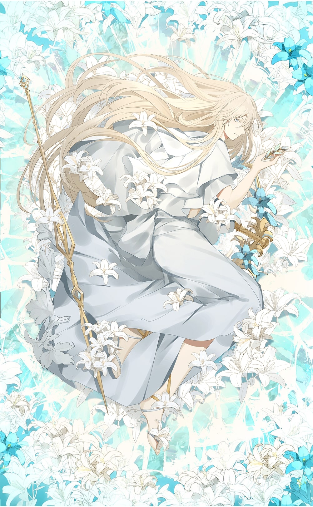 1boy barefoot barefoot_sandals_(jewelry) blonde_hair blue_background blue_flower bracer closed_mouth flower food_fantasy full_body gold_collar hair_between_eyes hair_ornament hairclip highres holding holding_hair_ornament jewelry leaf_hair_ornament lily_(flower) long_hair looking_at_viewer lying male_focus moussaka_(food_fantasy) necklace official_art on_side polearm robe shield short_sleeves sideways_glance smile solo spear third-party_source unworn_hairclip very_long_hair weapon white_eyes white_flower white_lily white_robe wide_sleeves