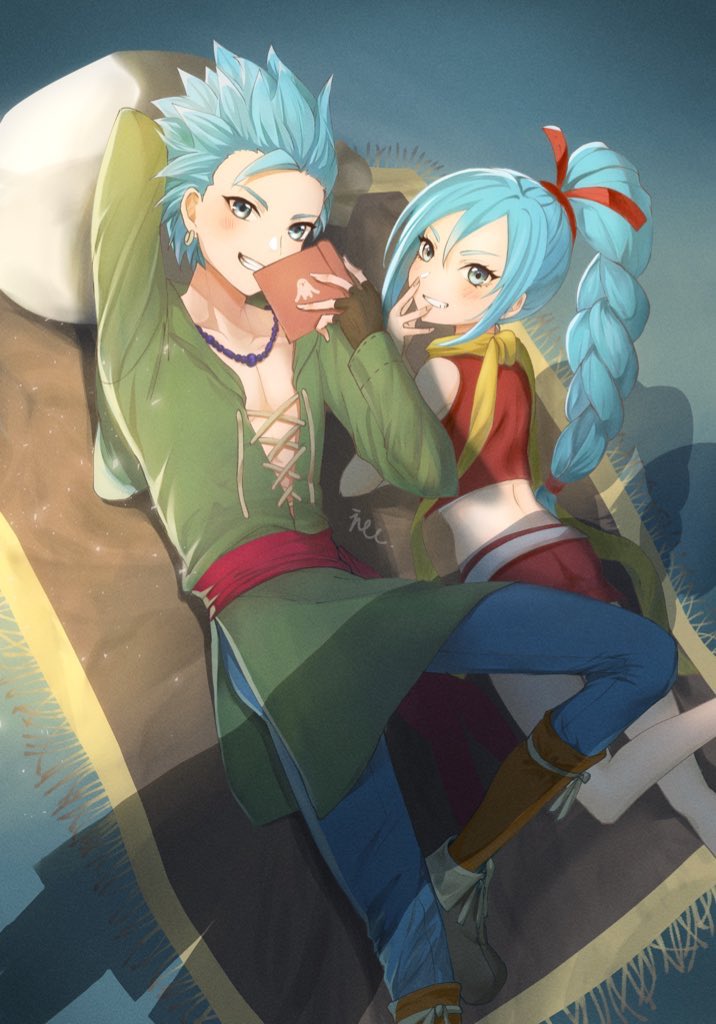 1boy 1girl black_gloves blue_eyes blue_hair braid brother_and_sister camus_(dq11) crop_top cropped_vest dragon_quest dragon_quest_xi earrings fingerless_gloves gloves jewelry long_hair looking_at_viewer maya_(dq11) midriff red_shorts shadow short_shorts shorts siblings single_braid smile vest