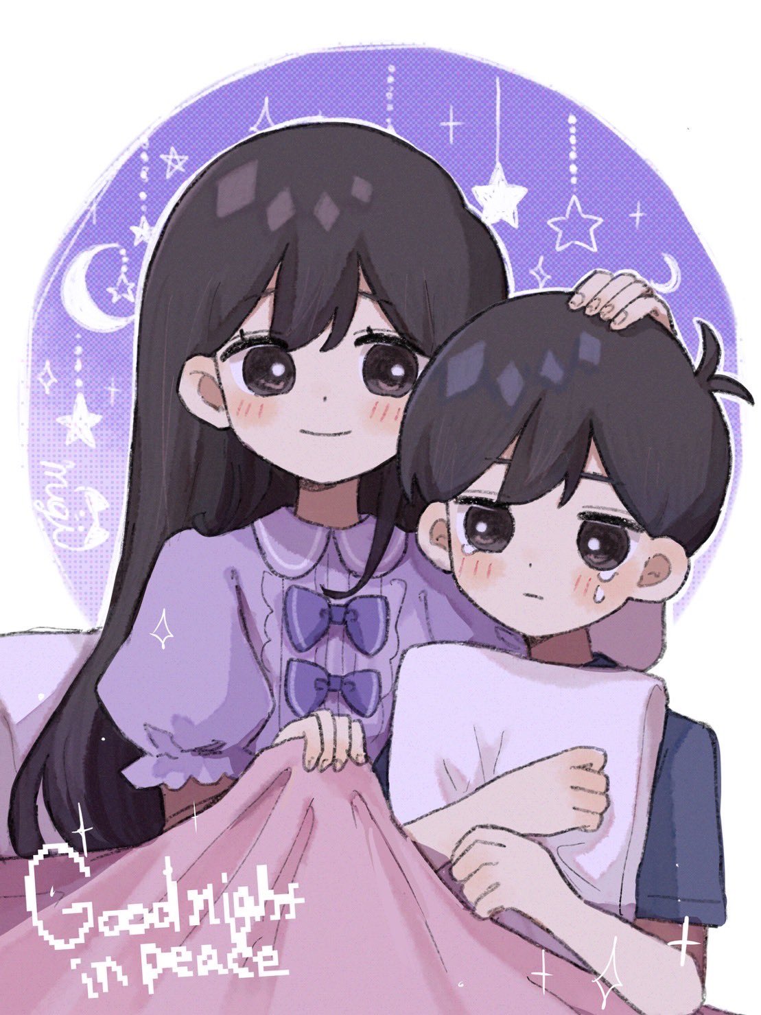 1boy 1girl artist_name bed_sheet black_hair blue_shirt bow brother_and_sister brown_eyes closed_mouth comforting crescent crying crying_with_eyes_open dress english_text hand_on_another's_head headpat highres holding holding_pillow light_blush long_hair looking_at_another mari_(faraway)_(omori) mari_(omori) mugi062 omori outline pillow puffy_short_sleeves puffy_sleeves purple_background purple_bow purple_dress sad shirt short_hair short_sleeves siblings smile star_(symbol) sunny_(omori) tears white_background white_outline