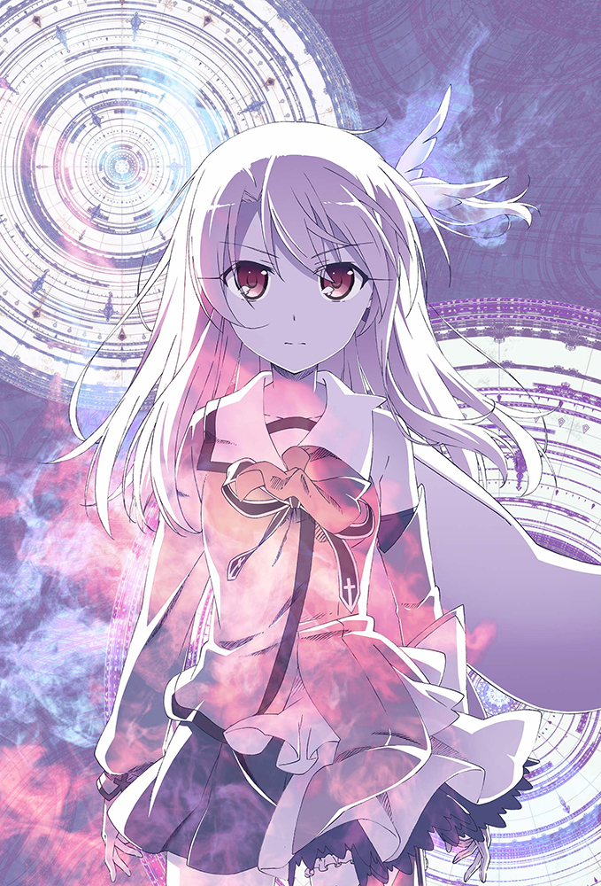 1girl bare_shoulders black_skirt breasts cape collarbone commentary_request cowboy_shot fate/kaleid_liner_prisma_illya fate_(series) floating_hair flower hair_flower hair_ornament illyasviel_von_einzbern long_hair looking_at_viewer official_art photoshop_(medium) prisma_illya red_eyes skirt small_breasts solo standing tagme textless_version white_flower white_hair
