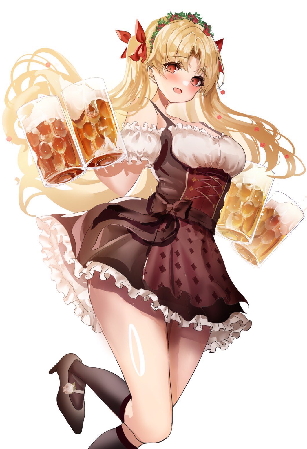 1girl alcohol alternate_costume bare_shoulders beer beer_mug black_dress black_footwear black_socks blonde_hair blush chiachun0621 commentary cup dress ereshkigal_(fate) eyelashes fate/grand_order fate_(series) floating_hair flower_wreath foot_out_of_frame frilled_dress frills hair_ribbon happy head_wreath high_heels highres holding holding_cup kneehighs long_hair looking_at_viewer mug off-shoulder_shirt off_shoulder open_mouth parted_bangs red_eyes red_ribbon ribbon shirt short_dress simple_background sleeveless sleeveless_dress smile socks solo standing standing_on_one_leg two_side_up very_long_hair white_background white_shirt