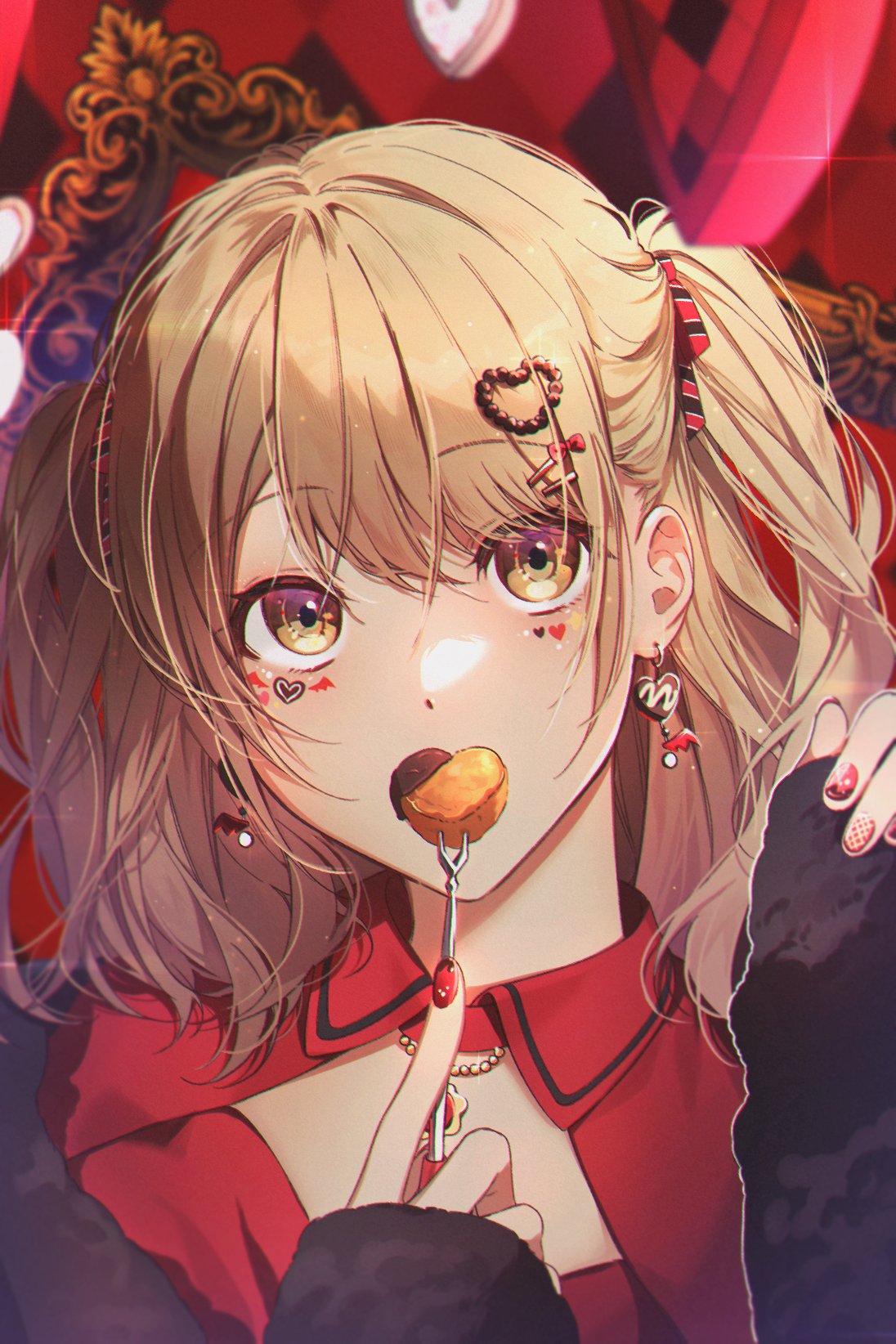 1girl azusawa_kohane blonde_hair chair covered_mouth dress earrings facial_mark fork hair_ornament hair_ribbon hairclip hashtag_only_commentary heart heart_earrings heart_facial_mark heart_hair_ornament heart_print highres holding holding_fork jewelry looking_at_viewer lz_0o0_zl pendant project_sekai red_dress red_nails ribbon sidelocks sleeves_past_wrists solo swept_bangs take_the_best_shot!_(project_sekai) twintails yellow_eyes