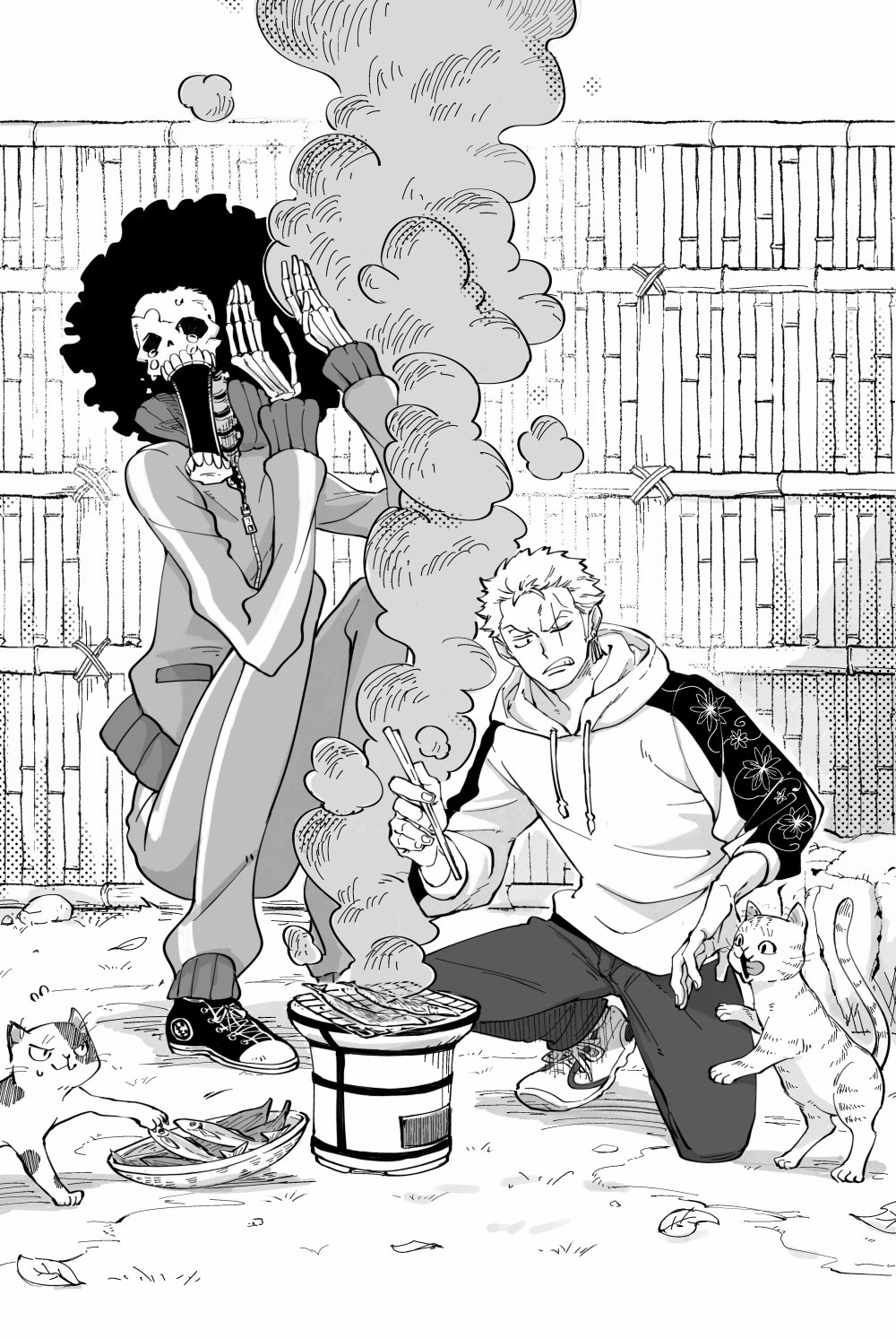 2boys afro brook_(one_piece) cat chabo_(niwatori_bosori) chopsticks clenched_teeth commentary_request cooking crying earrings eating fish highres holding holding_chopsticks hood hoodie jacket jewelry looking_to_the_side male_focus multiple_boys one_eye_closed one_piece pants roronoa_zoro scar scar_across_eye shoes short_hair skeleton smoke sneakers sweatdrop teeth track_jacket track_pants track_suit v-shaped_eyebrows