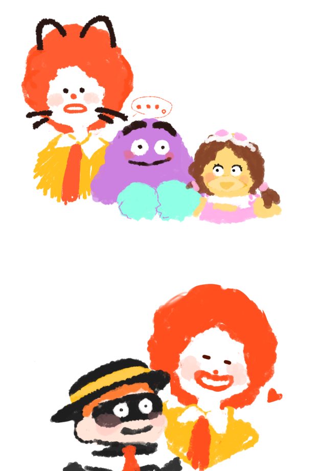 ... 1girl 3boys afro birdie_the_early_bird black_headwear blush brown_hair closed_eyes clown drawn_ears drawn_whiskers goggles goggles_on_head grimace_(mcdonald's) hamburglar hat hat_ribbon heart looking_at_viewer mask mcdonald's multiple_boys multiple_views nasuya_(nasubi_yasan) necktie no_lineart parted_lips red_necktie red_nose redhead ribbon ronald_mcdonald shirt simple_background smile upper_body white_background yellow_ribbon yellow_shirt