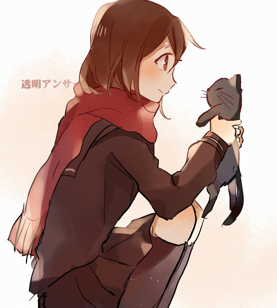 1girl animal black_cat black_sailor_collar black_serafuku black_shirt black_skirt black_socks brown_hair cat closed_eyes closed_mouth commentary_request derivative_work enpera feet_out_of_frame from_side gradient_background holding holding_animal holding_cat kagerou_project kneehighs long_hair long_sleeves looking_at_animal otorigg pink_background pleated_skirt red_scarf sailor_collar scarf school_uniform serafuku shirt skirt smile socks solo song_name toumei_answer_(vocaloid) white_background