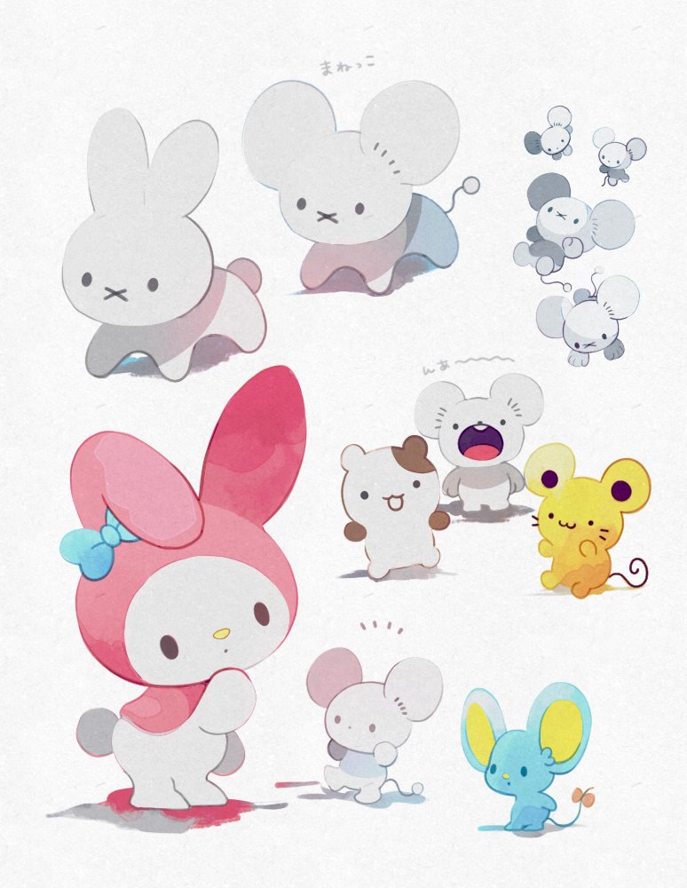 :3 :o animal_focus blue_bow bow character_request commentary_request dot_mouth full_body grey_background hand_on_own_face hand_up happy li04r miffy miffy_(character) mouse mr._flat my_melody no_humans open_mouth pokemon pokemon_(creature) rabbit sanrio simple_background solid_circle_eyes solid_oval_eyes standing tandemaus translation_request