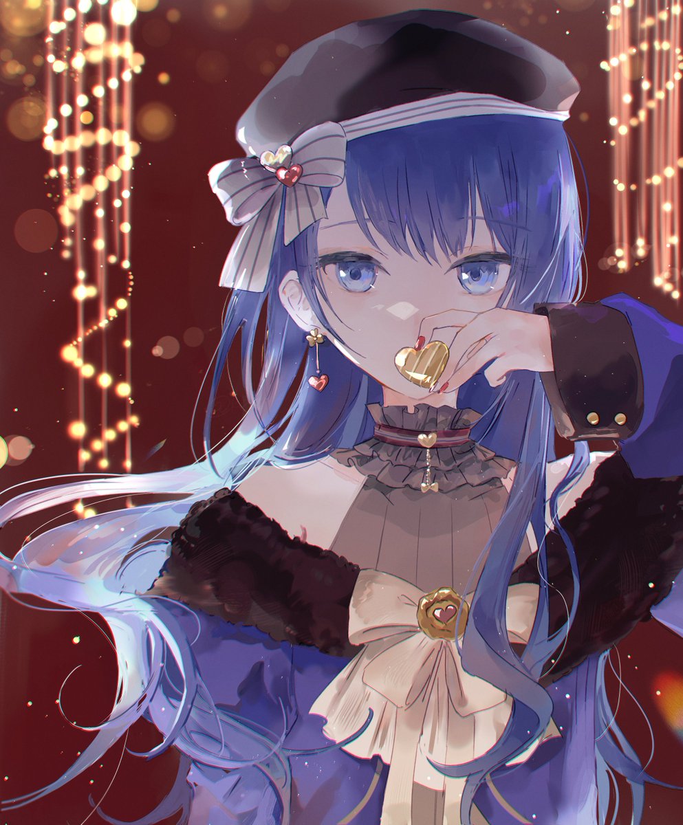 1girl bare_shoulders beret black_headwear blue_dress blue_eyes blue_hair bow collar covered_mouth dress frilled_collar frills grey_bow hat hat_bow highres kiritani_haruka kouri_2x long_hair looking_at_viewer official_alternate_costume official_alternate_hair_length official_alternate_hairstyle project_sekai red_nails solo swept_bangs take_the_best_shot!_(project_sekai) upper_body white_bow