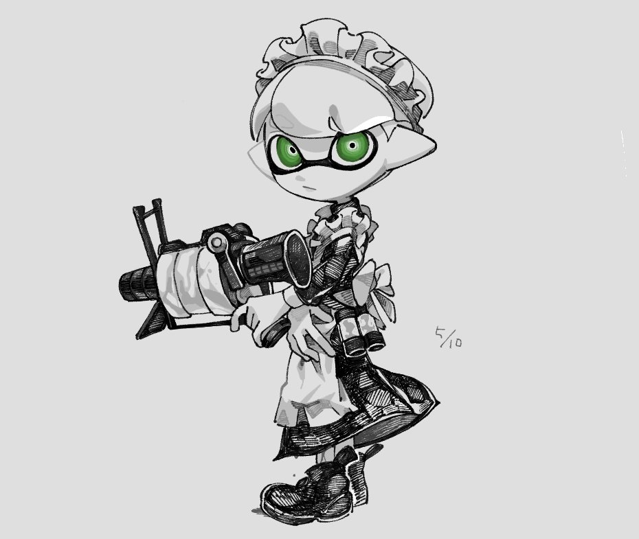 .52_gal_(splatoon) 1boy apron bow closed_mouth crossdressing frills green_eyes greyscale gun holding holding_gun holding_weapon inkling_boy inkling_player_character maid_apron maid_headdress male_focus monochrome pointy_ears shoes short_hair simple_background solo spl8ya splatoon_(series) spot_color standing tentacle_hair weapon white_background