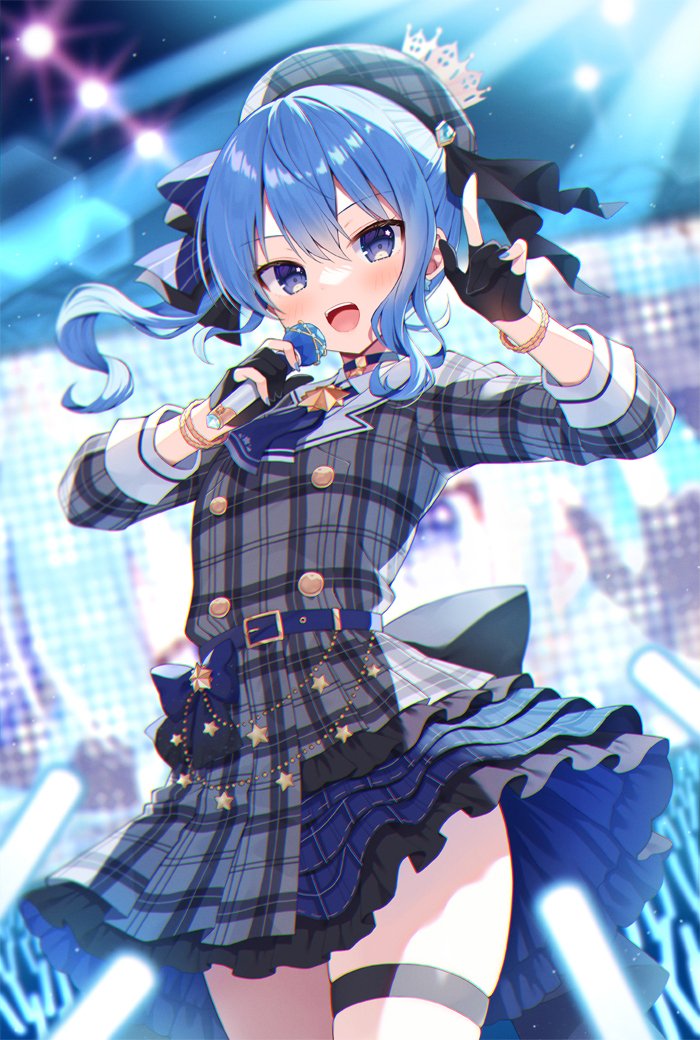 1girl :d belt belt_buckle beret black_gloves blue_belt blue_bow blue_choker blue_eyes blue_hair blue_nails blurry blurry_background blush bow buckle choker collared_shirt commentary depth_of_field gloves glowstick grey_headwear grey_jacket grey_skirt hair_between_eyes hair_bow hands_up hat holding holding_microphone hololive hoshimachi_suisei jacket mauve microphone nail_polish partially_fingerless_gloves plaid plaid_headwear plaid_jacket shirt side_ponytail skirt smile solo striped_bow virtual_youtuber white_shirt