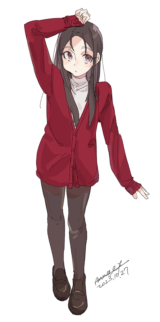 1girl :o antenna_hair arm_up black_footwear black_hair black_pantyhose buttons cardigan dated eyelashes full_body long_hair long_sleeves looking_at_viewer maze_(gochama_ze_gohan) original pantyhose partially_unbuttoned red_cardigan shoes signature simple_background solo standing violet_eyes white_background
